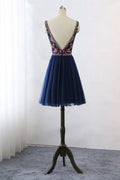 Dark blue v neck lace tulle short prom dress, blue homecoming dress