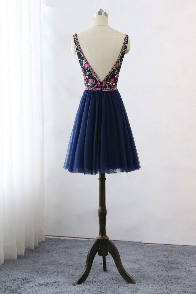 Dark blue v neck lace tulle short prom dress, blue homecoming dress dresstby Dark blue v neck lace tulle short prom dress, blue homecoming dress dresstby