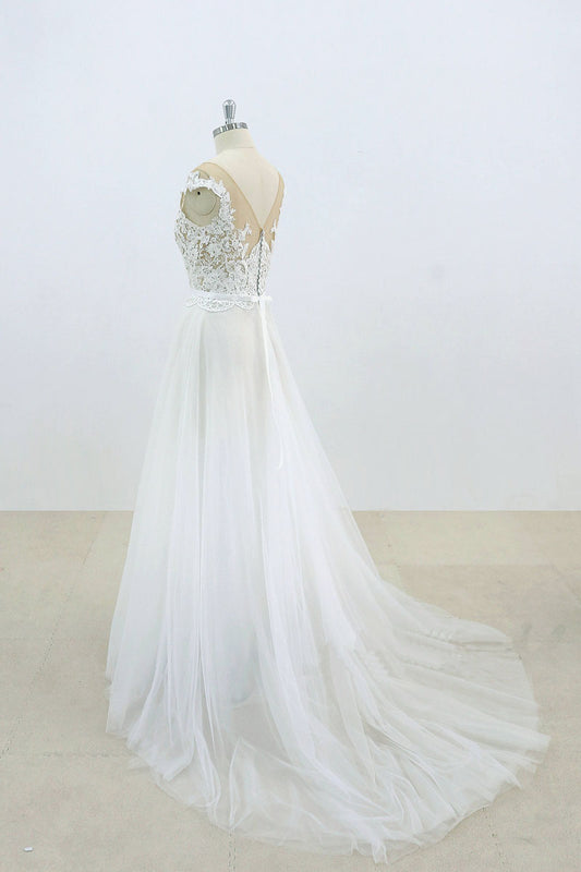 White round neck lace tulle long prom dress, white lace wedding dress
