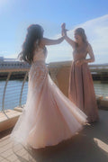 Pink v neck tulle lace long prom dress pink tulle. formal dress