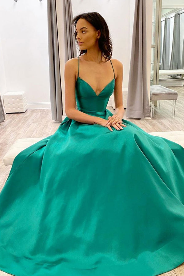 Simple green v neck satin long prom dress green evening dress