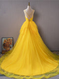 Yellow v neck high low prom dress yellow evening dress