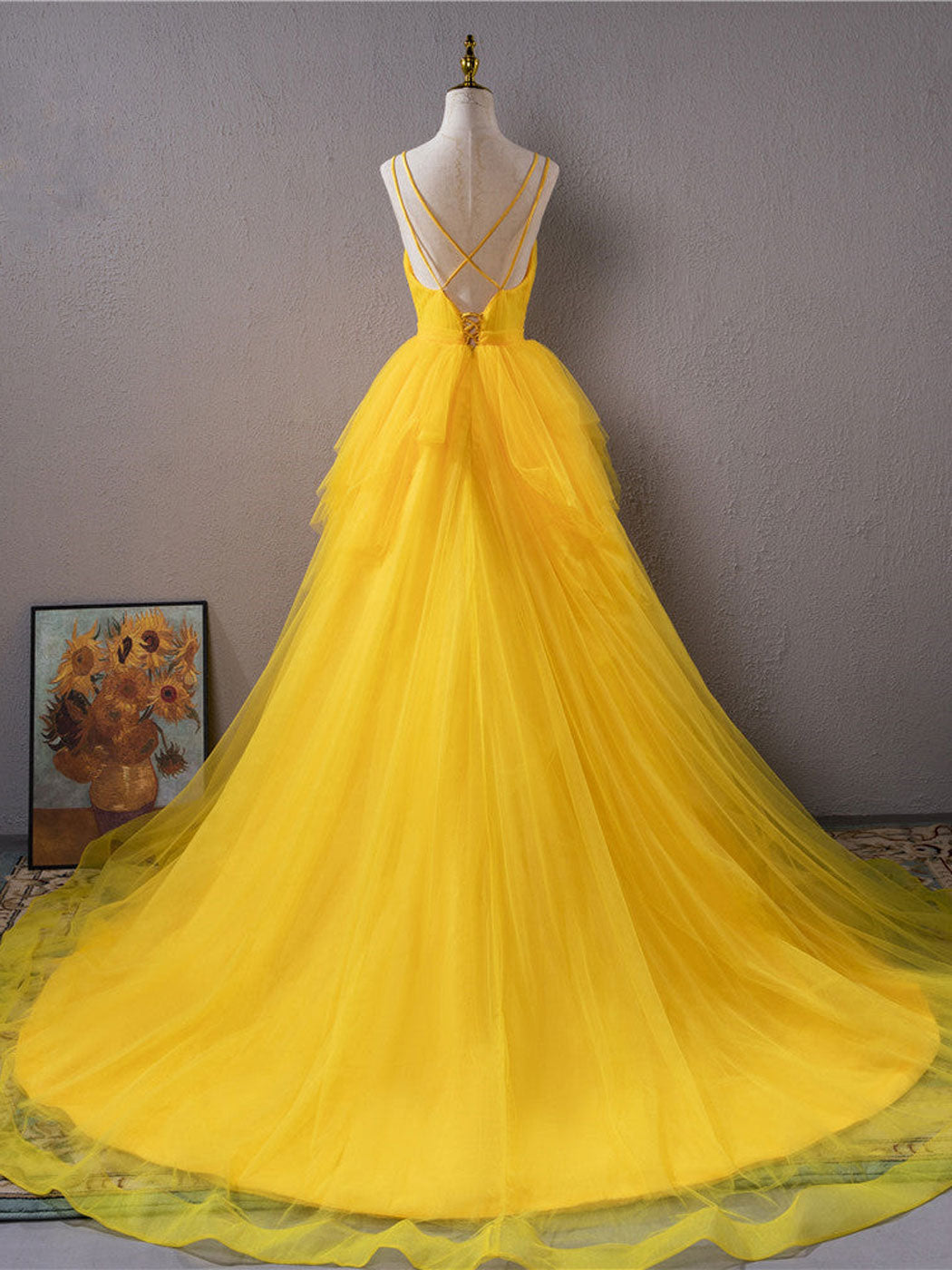 Yellow v neck high low prom dress yellow evening dress