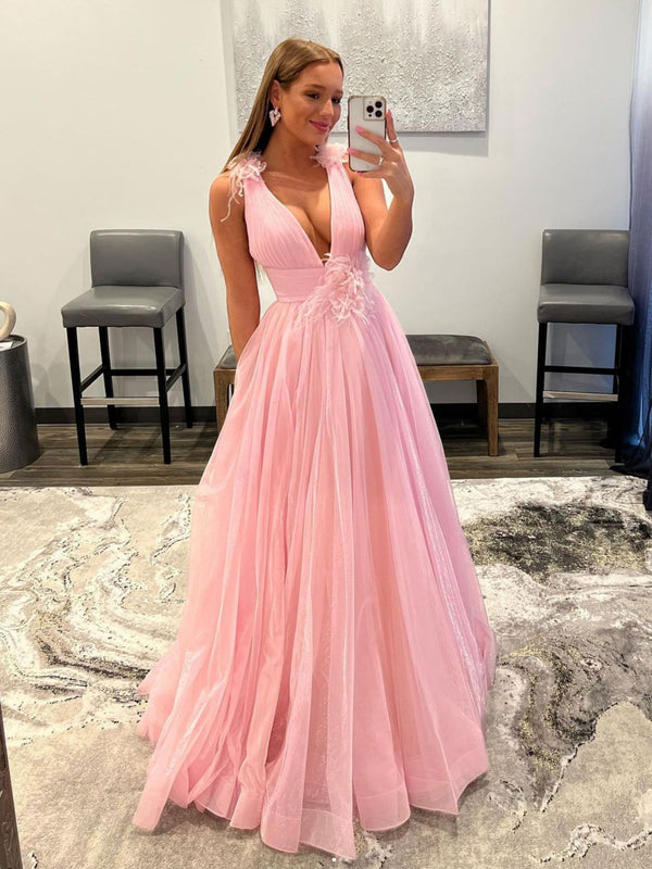 Pink v neck tulle long prom dress, pink tulle evening dress
