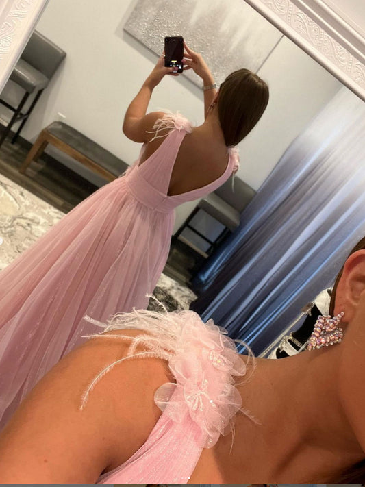 Pink v neck tulle long prom dress, pink tulle evening dress