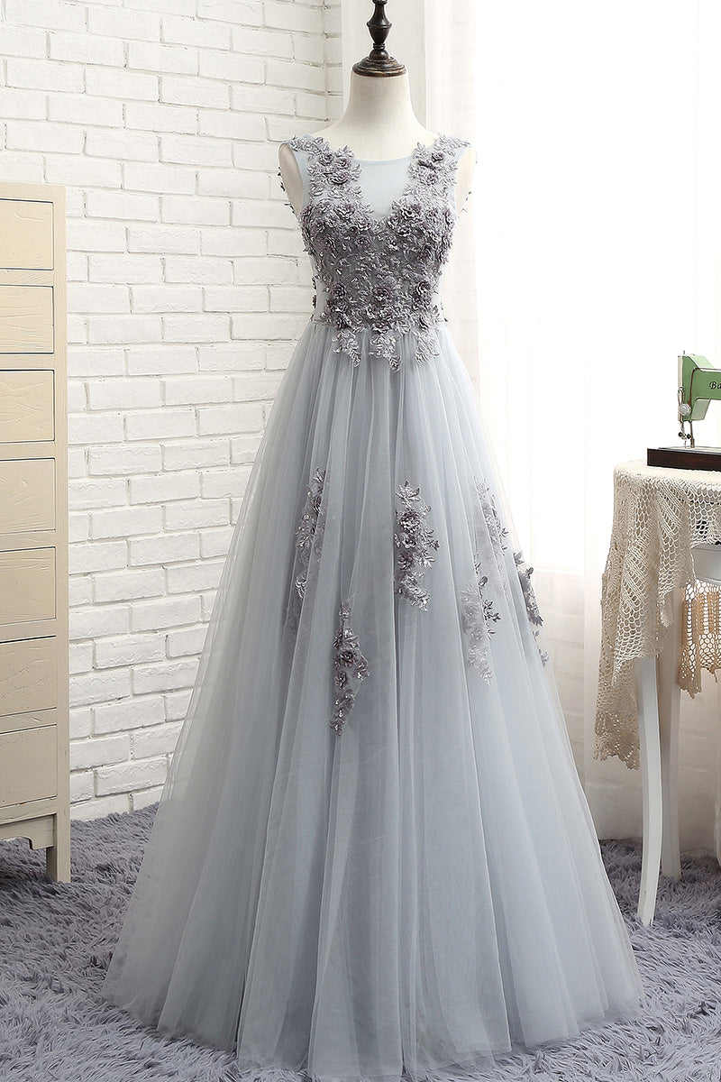 Gray round neck tulle lace applique long prom dress, gray evening dress