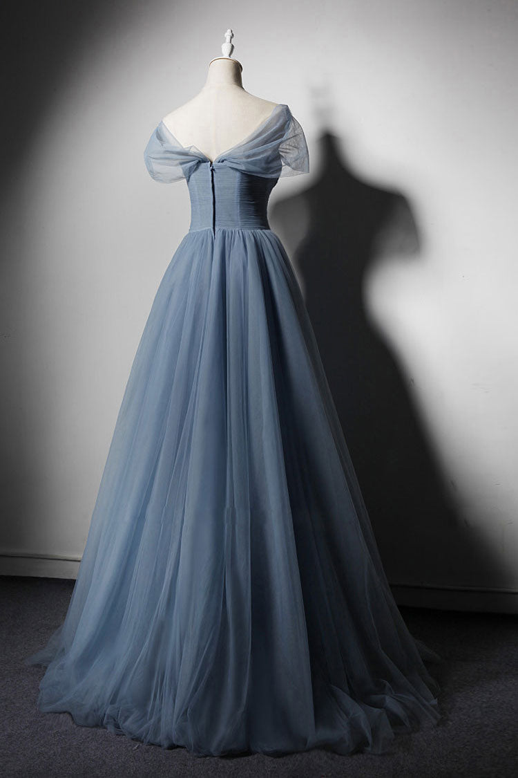 Blue tulle off shoulder long prom dress, blue tulle evening dress ...