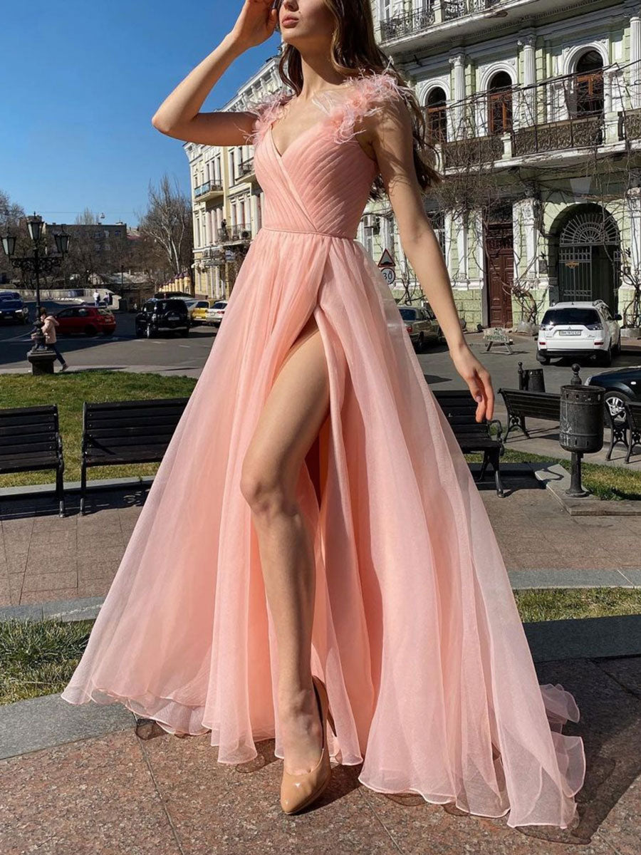 Pink v neck tulle long prom dress, pink tulle formal dress