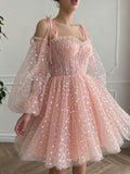 Pink sweetheart neck tulle short prom dress, pink homecoming dress