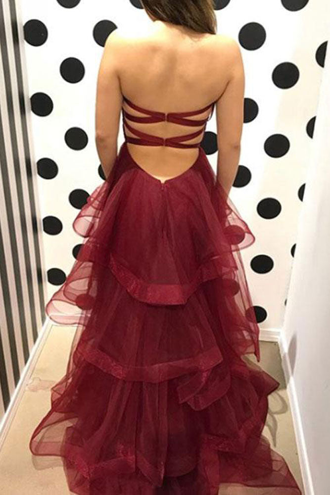 Simple burgundy sweetheart neck tulle long prom dress, burgundy evening dress