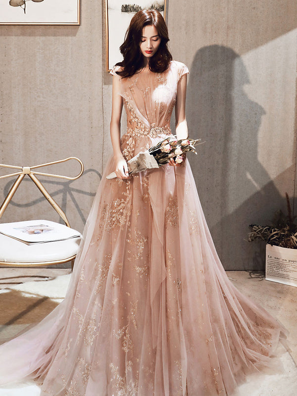 Aline Scoop Neck Sequin Pink Long  Prom Dress, Formal Pink Graduation Evening Dresses