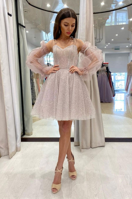Cute sweetheart neck tulle sequin short prom dress, sequin cocktail dress