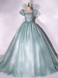 Green Puff sleeves A-Line Long Prom Dresses, Green Tulle Formal Sweet 16 Dress