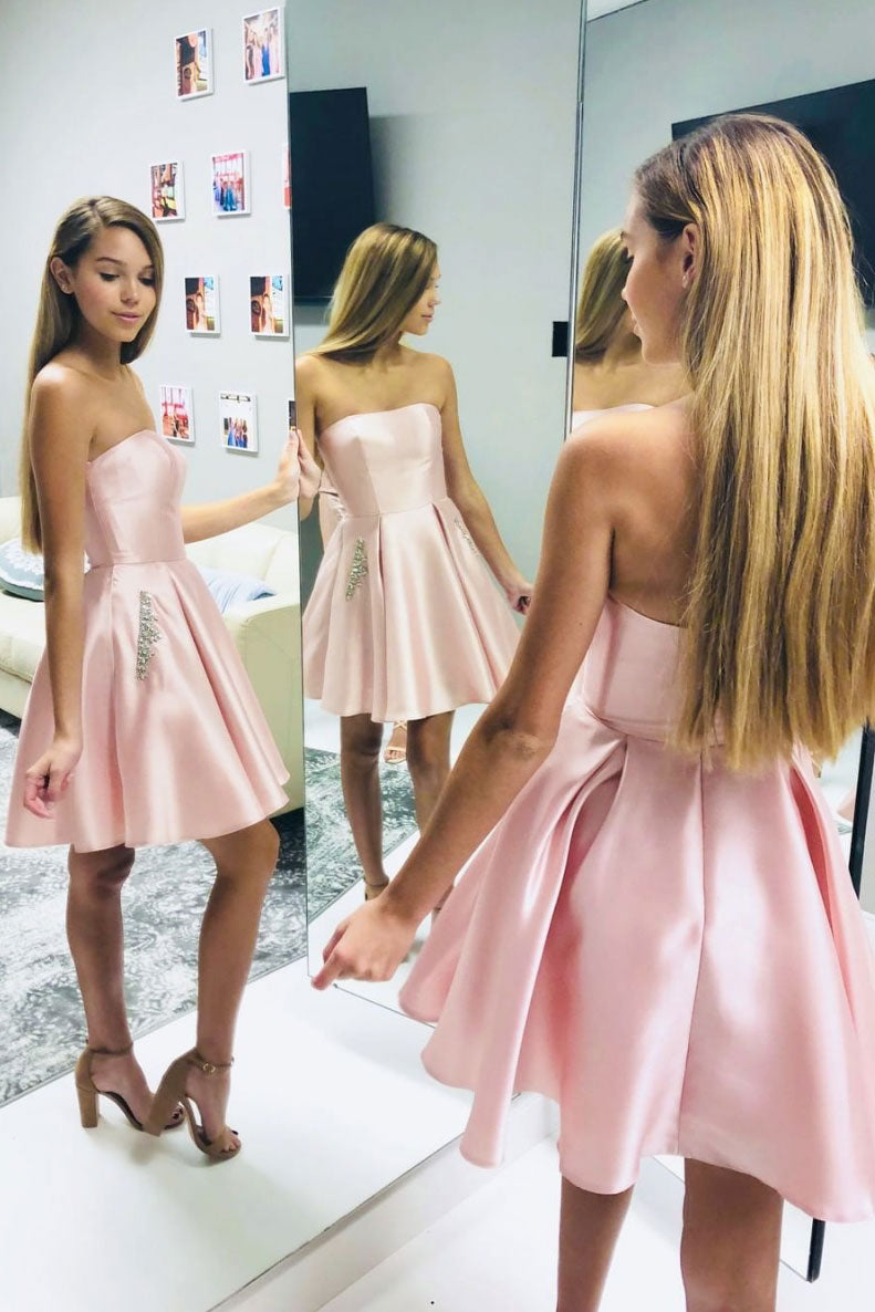 Pink satin short prom dress pink homecoming dress