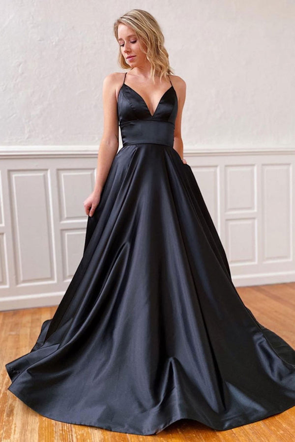 Simple black v neck satin long prom dress black evening dress