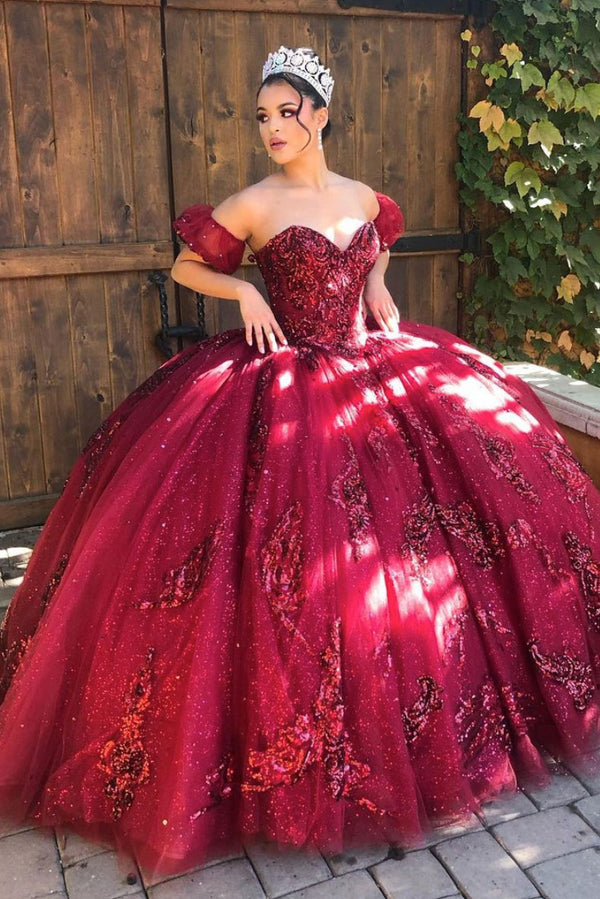 burgundy sweetheart tulle lace off shoulder long prom dress