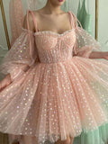 Pink sweetheart neck tulle short prom dress, pink homecoming dress
