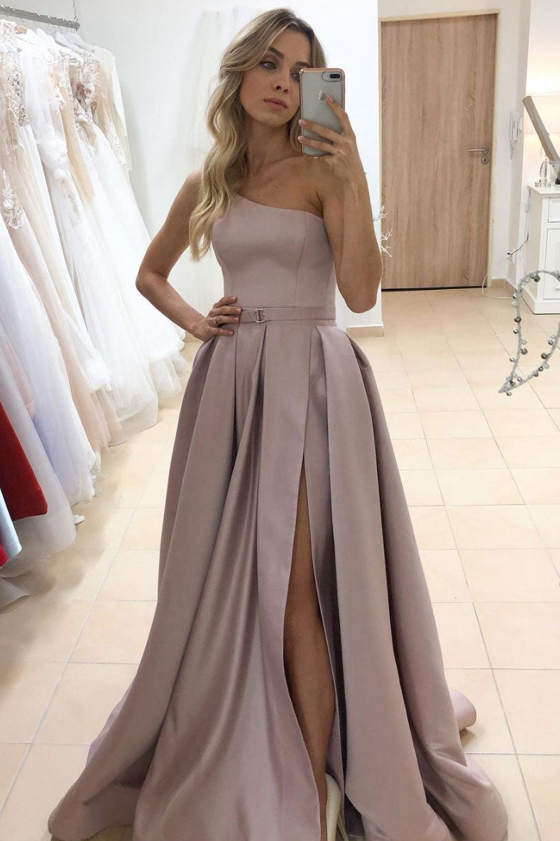 Simple satin one shoulder long prom dress formal dress