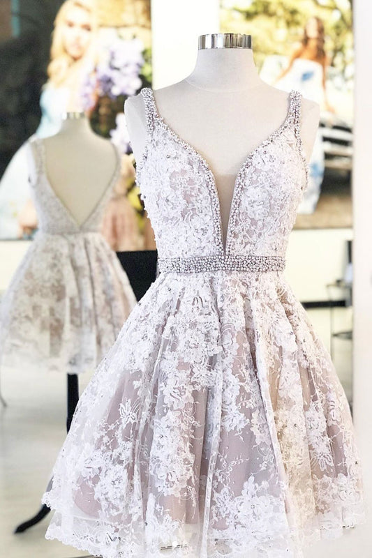 White v neck tulle lace short prom dress, lace homecoming dress
