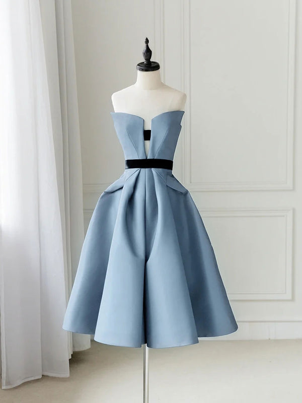 Simple satin blue short prom dress, blue homecoming dress