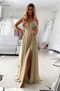 Champagne v neck chiffon lace long prom dress lace formal dress