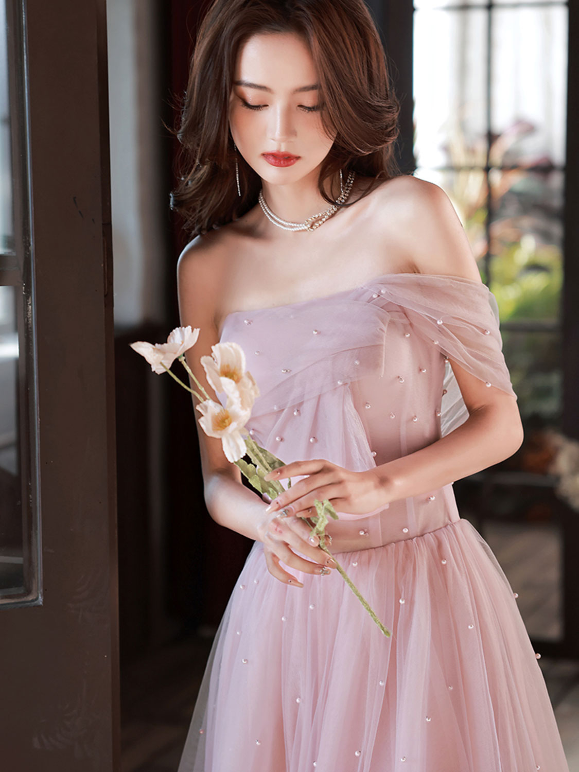 Pink A-Line Tea Length Prom Dress, Pink Tulle Formal Evening Dress