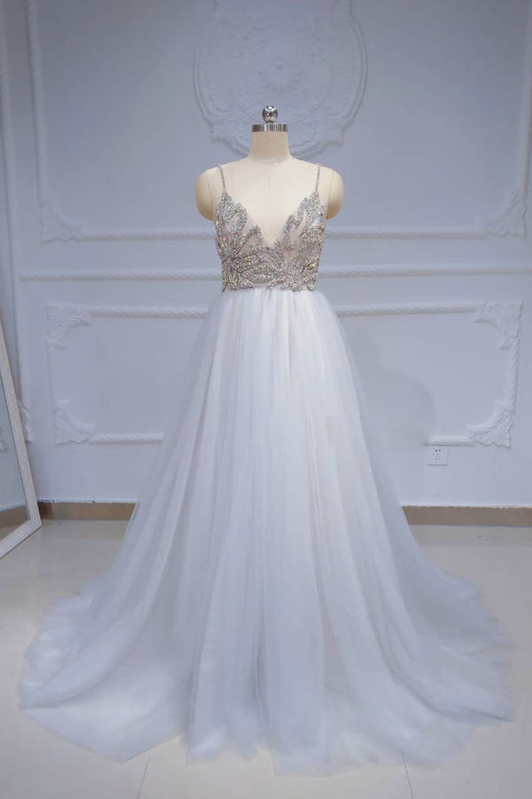 White v neck chiffon beads long prom dress, white chiffon evening dress