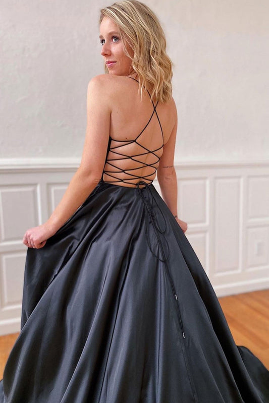 Simple black v neck satin long prom dress black evening dress