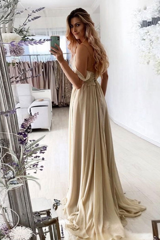 Champagne v neck chiffon lace long prom dress lace formal dress