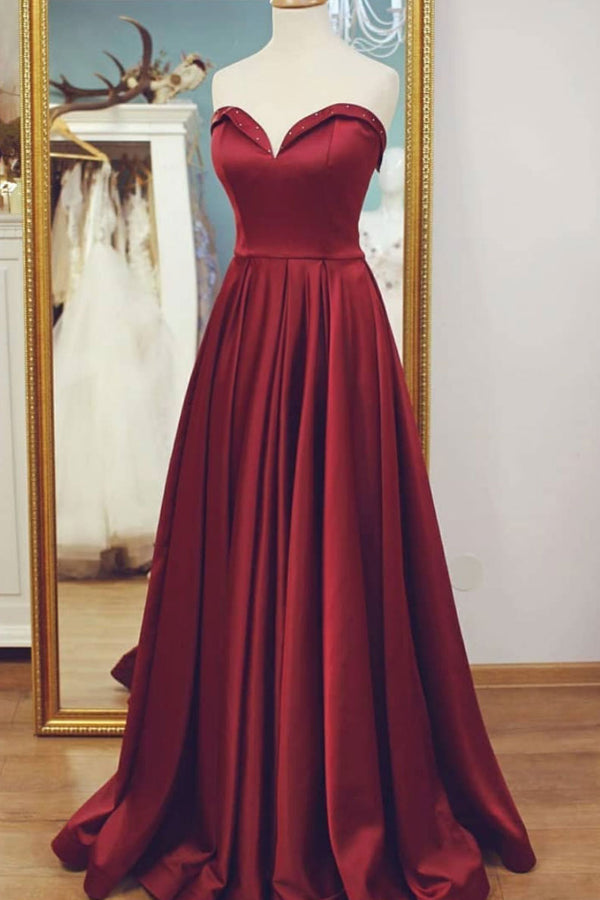 Simple burgundy satin long prom dress, burgundy evening dress