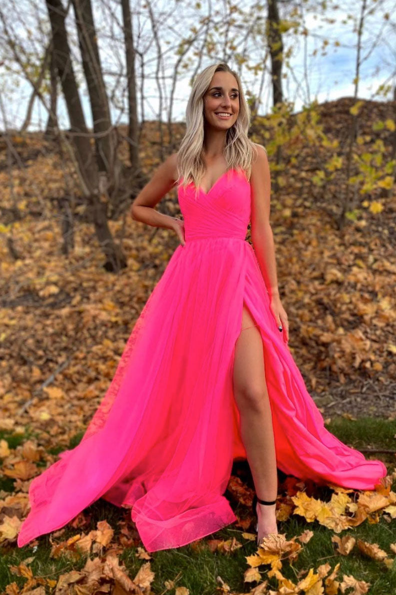 Simple v neck tulle pink tulle formal dress, pink tulle prom dress