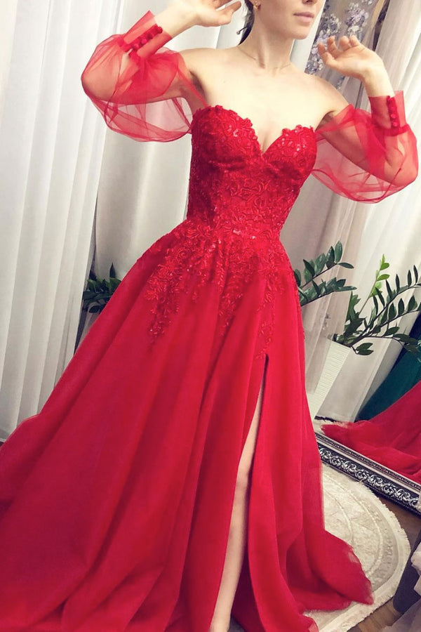 Red tulle lace long prom dress red tulle evening dress