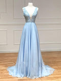 Blue v neck chiffon lace long prom dress, blue evening dress