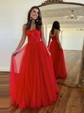 A-Line Lace Tulle Red Long Prom Dress, Red Lace Formal Evening Dresses