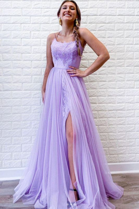 Purple tulle lace long prom dress purple formal dress