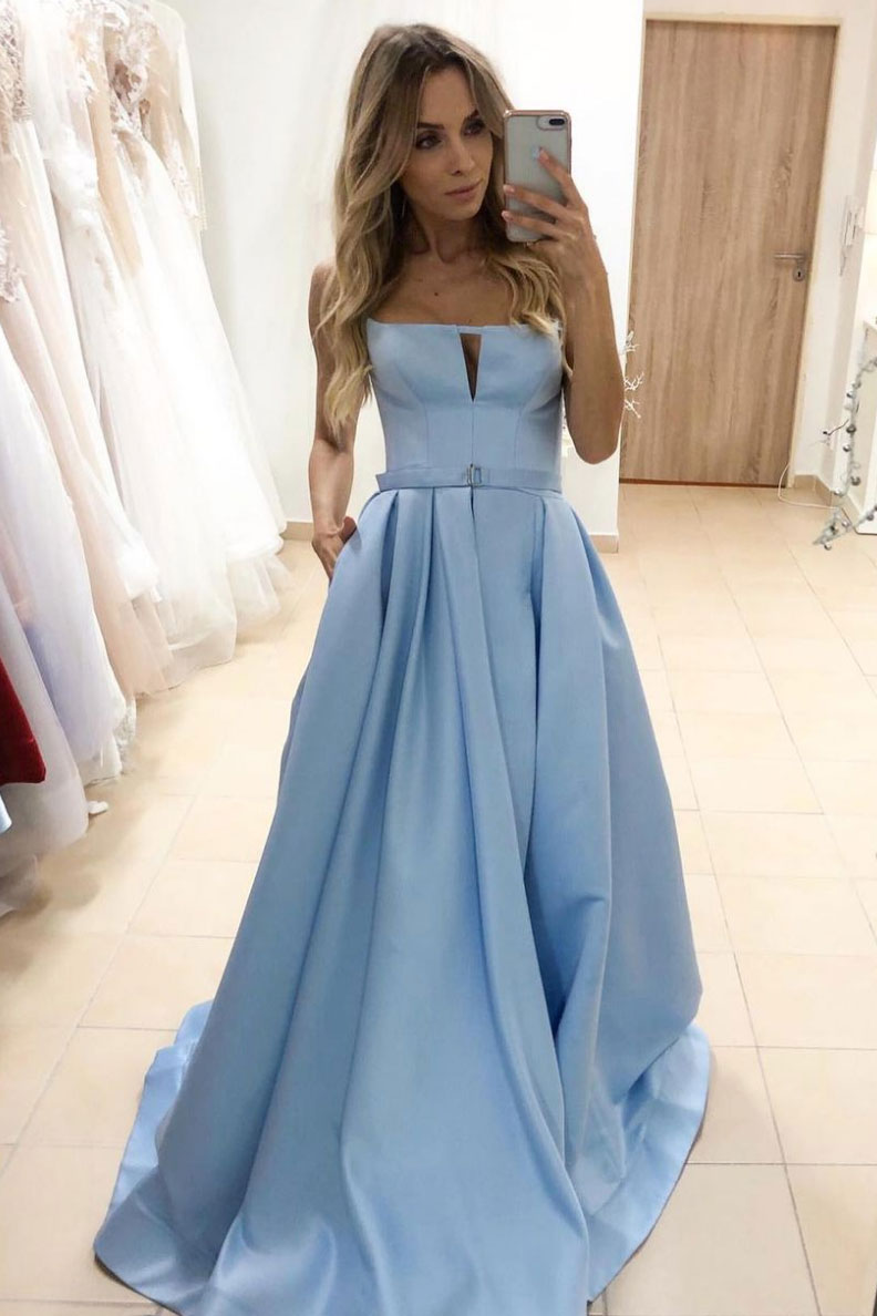 Simple blue satin long prom dress blue long evening dress
