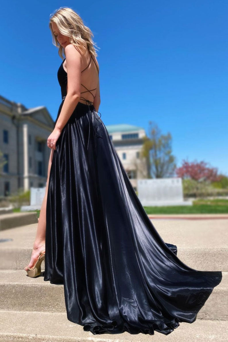 Simple v neck black evening dress black formal dress