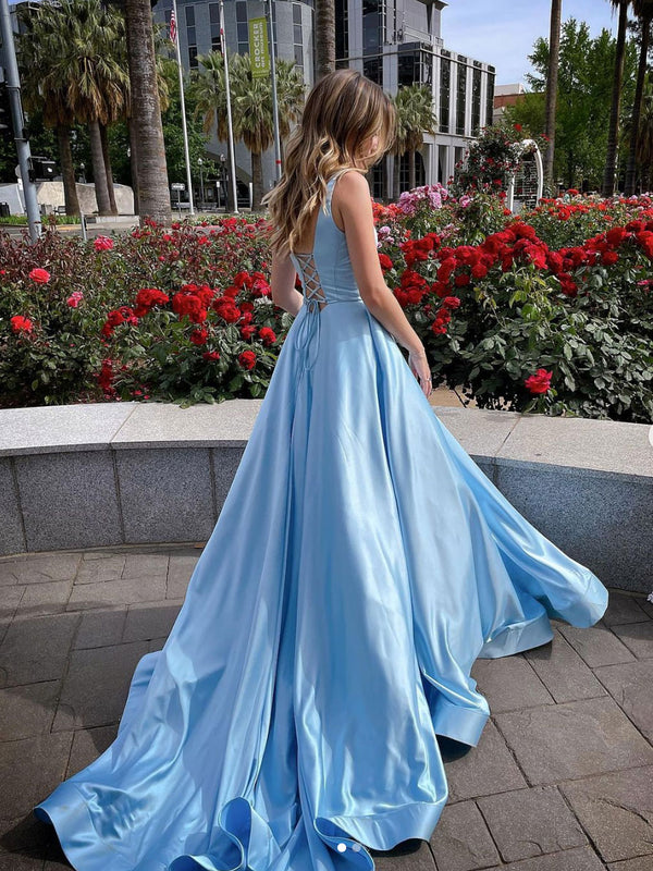 Blue satin long prom dress blue satin evening dress