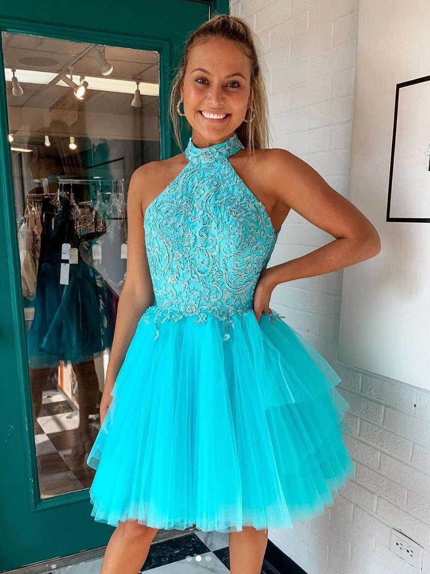 Blue high neck tulle lace short prom dress blue homecoming dress