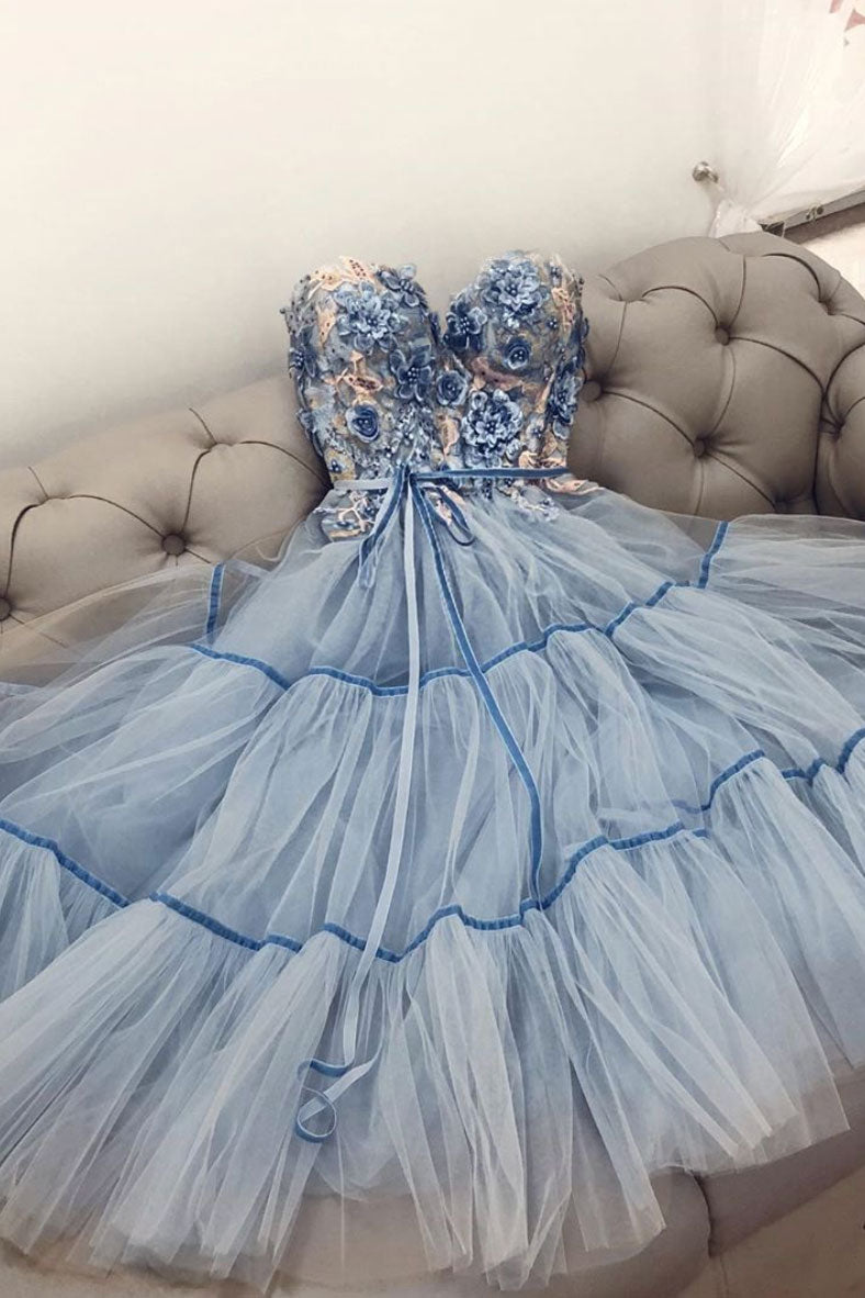 Blue sweetheart tulle lace prom dress blue formal dress