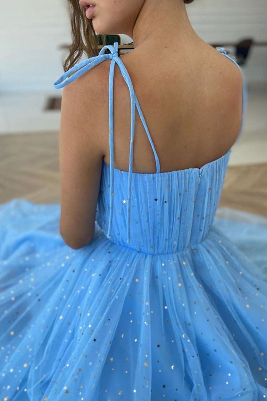 Blue sweetheart tulle tea length prom dress blue tulle formal dress