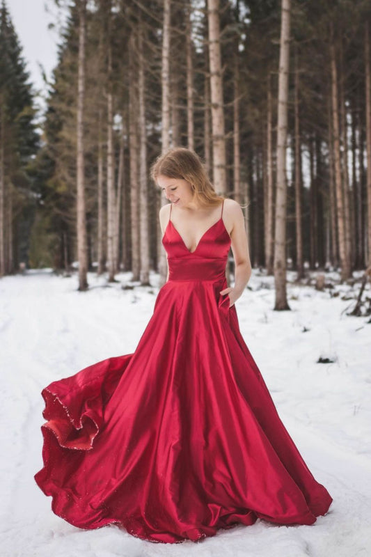 Red v neck satin long prom dress red bridesmaid dress