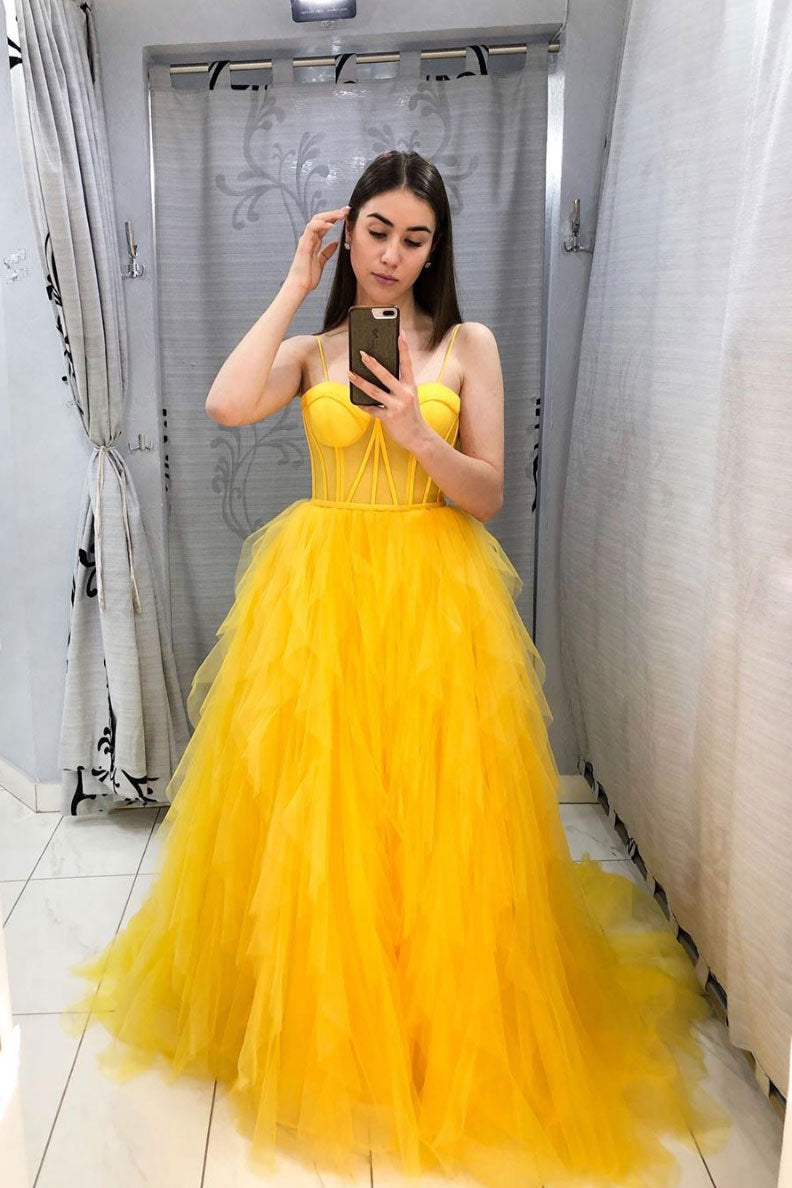 Yellow sweetheart tulle long prom dress yellow formal dress