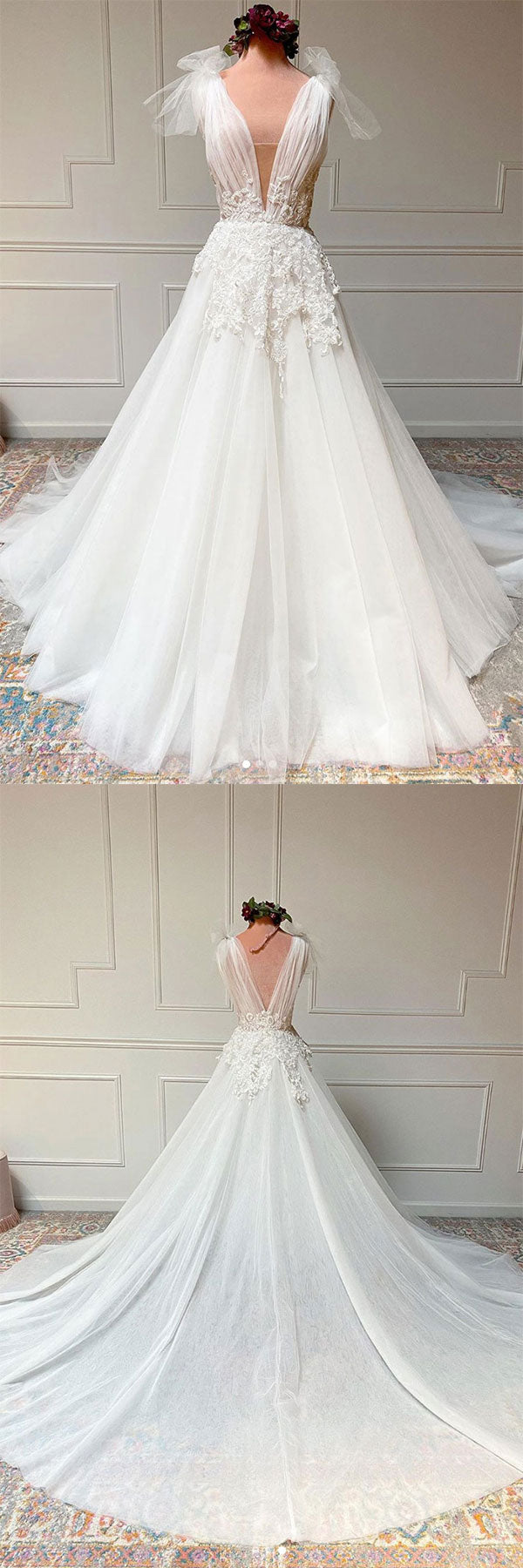 White v neck tulle lace long prom dress white tulle wedding dress