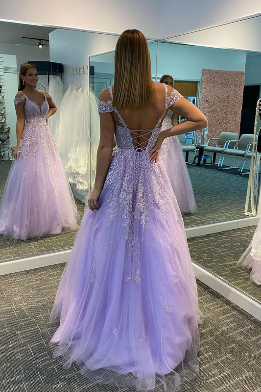 Purple tulle long prom dress purple lace long evening dress