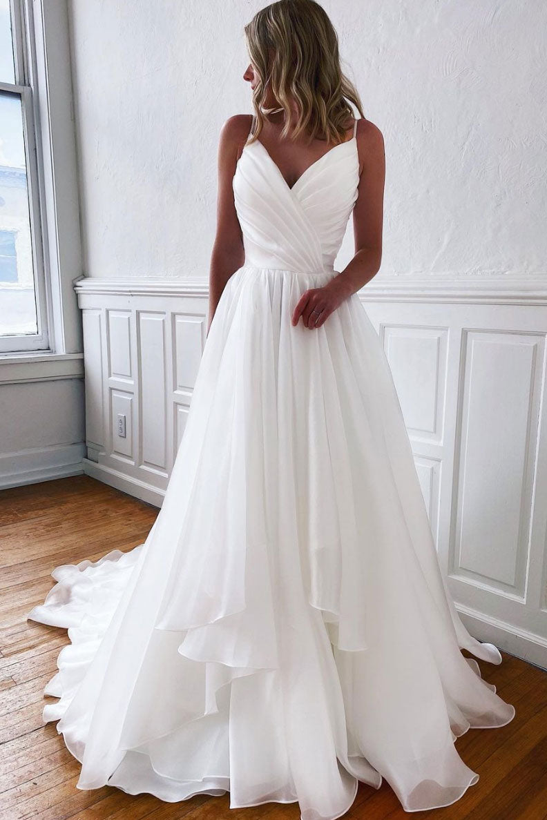 Simple white v neck tulle long prom dress white tulle formal dress