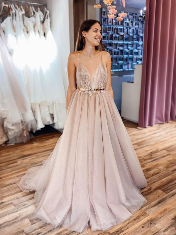 Champagne v neck tulle lace long prom dress, tulle formal dress