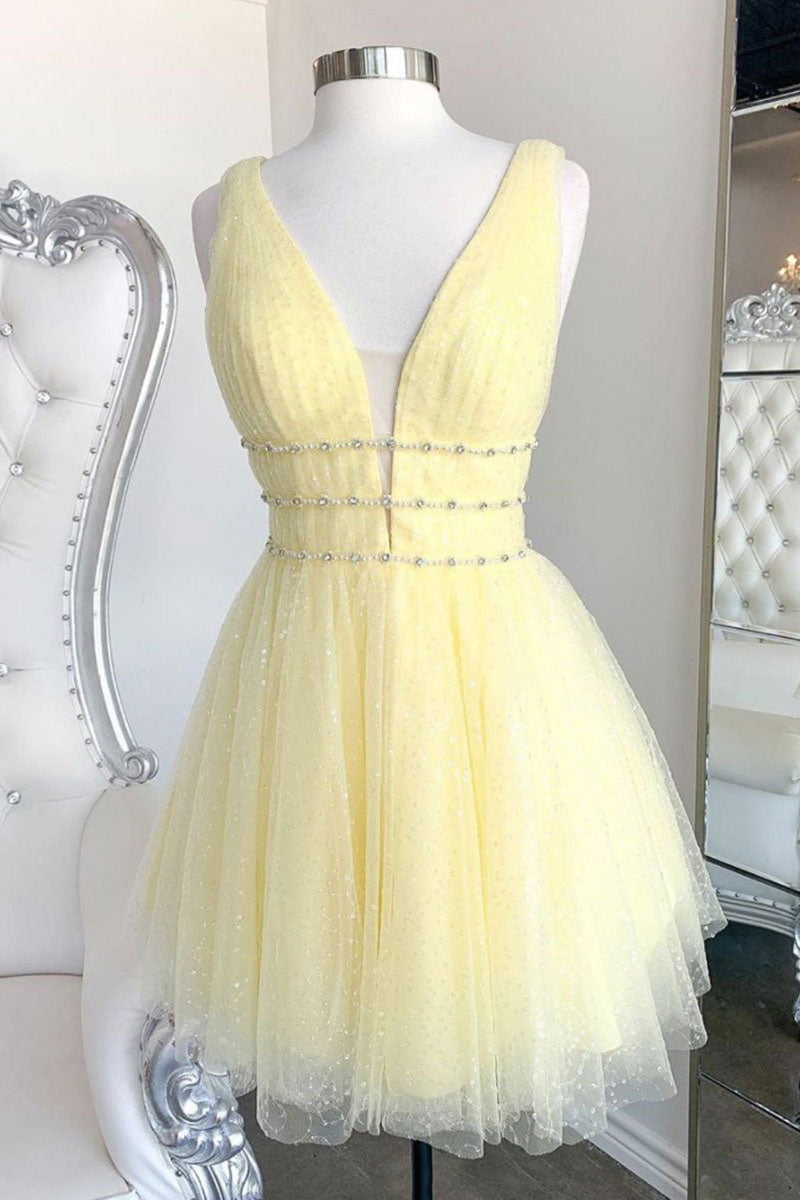 Yellow v neck tulle sequin short prom dress yellow formal dress