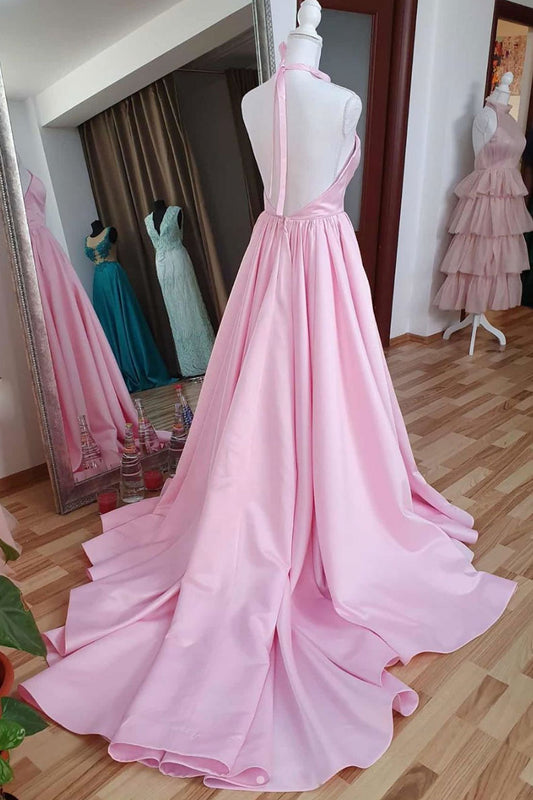 Pink high neck pink satin long prom dress pink evening dress