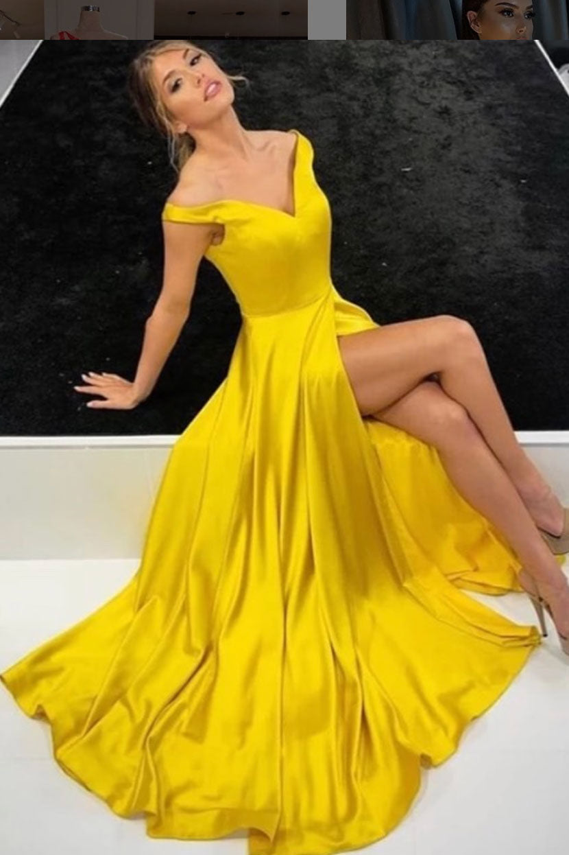 Yellow v neck satin long prom dress yellow formal dress